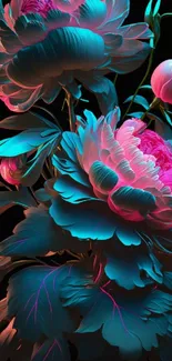 Vibrant neon blue and pink floral wallpaper with bold petals and leaves.