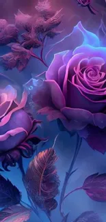 Vibrant purple roses on a neon background