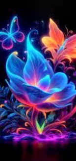 Vibrant neon flowers and butterflies mobile wallpaper.