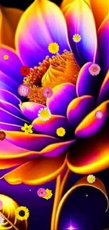 Vibrant neon flower with purple and orange hues on a dark background.