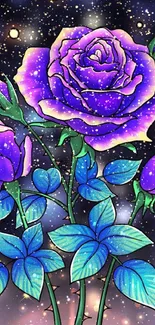 Vibrant neon floral wallpaper with purple roses and glowing background.