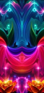 Vibrant neon floral wallpaper with glowing abstract patterns.