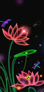 Vibrant neon floral wallpaper with glowing flowers and dragonflies.