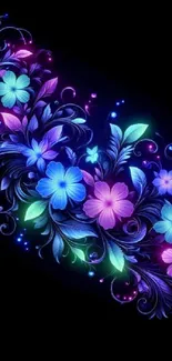 Vibrant neon floral design with glowing colors on a black background.