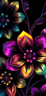 Vibrant neon flowers glowing on dark background.