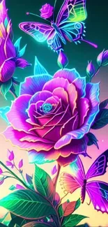 Neon roses and butterflies in vibrant colors