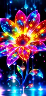 Vibrant neon flower on a dark background.