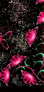 Neon-themed wallpaper with pink flowers and butterfly on dark background.