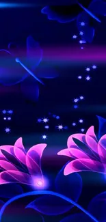 Neon floral and butterfly mobile wallpaper with glowing pink flowers.