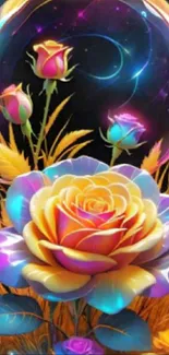 Vibrant neon floral fantasy wallpaper with cosmic background.