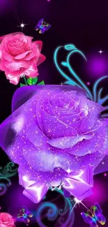 Vibrant neon floral wallpaper with purple and pink roses.