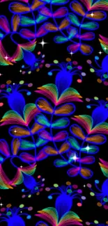 Vibrant neon floral pattern on black background, colorful and abstract.