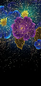 Neon floral wallpaper with glowing vivid flowers on a black background.