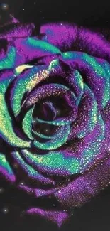 Vibrant neon purple rose with turquoise hues and dew droplets on petals.