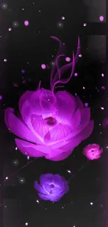 Neon floral wallpaper with purple flowers on a dark background.