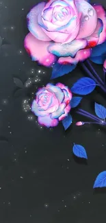 Vibrant neon roses on dark background wallpaper.