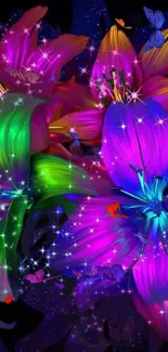 Vibrant neon floral wallpaper with glowing colors and sparkles.