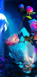 Vibrant neon floral wallpaper with colorful flowers and a blue background.