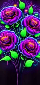 Vibrant purple roses with neon green leaves on a dark background.