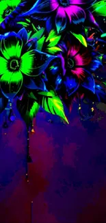 A vibrant neon floral design with dark purple background.