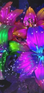 Vibrant neon flowers on dark backdrop, sparkling in vivid colors.