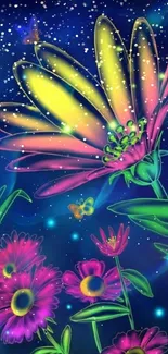 Vibrant neon flowers with butterflies on a dark blue background.