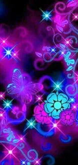 Vibrant neon wallpaper with flowers and butterflies.