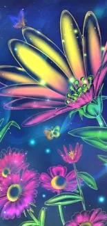 Neon floral wallpaper with glowing flowers and butterflies on a dark background.