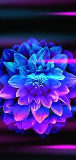 Vibrant neon blue and purple floral design on mobile wallpaper.