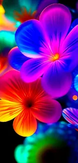 Vibrant neon floral wallpaper with colorful glowing flowers.