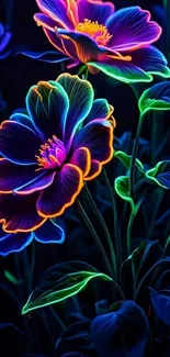 Neon floral wallpaper with glowing vibrant colors.