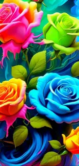 Vibrant neon roses in various colors with a dark background.