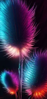 Vibrant neon floral wallpaper with multicolored blooms on dark background.