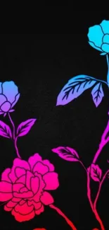 Neon floral wallpaper with glowing flowers on a dark background.