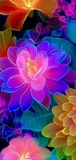 Vibrant neon floral wallpaper with colorful flowers.