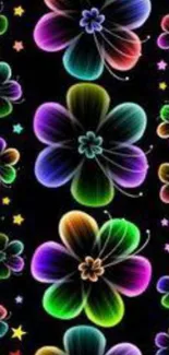 Vivid neon flowers on a dark background mobile wallpaper.