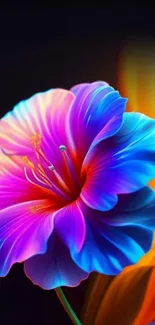 Vibrant neon flower artwork with blues, purples, and oranges on a mobile background.