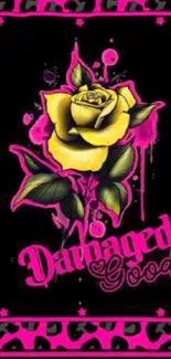 Neon yellow rose with pink text on black background wallpaper.