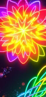 Vibrant neon flower design with luminous lines on a dark background.