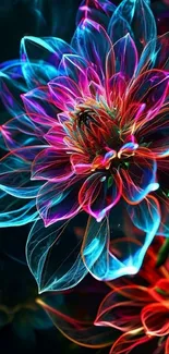 Vibrant neon flower with colorful petals.