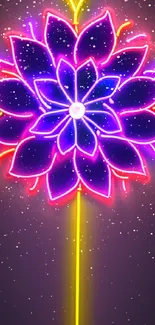 Vibrant neon flower with glowing purple petals and colorful design.