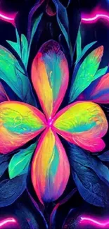 Vibrant neon flower art with colorful petals and glowing hues.