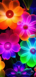 Vibrant neon flowers on a dark background wallpaper.