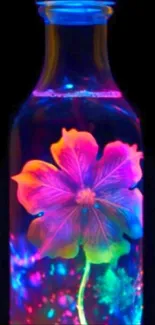 Vibrant neon flower glowing inside a bottle against a dark background.