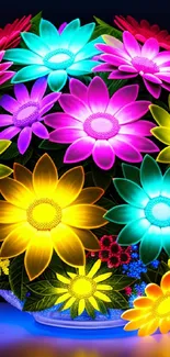 Vibrant neon flowers forming a bright and colorful bouquet on dark backdrop.