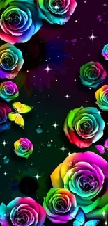 Vibrant neon roses and butterflies on black background.