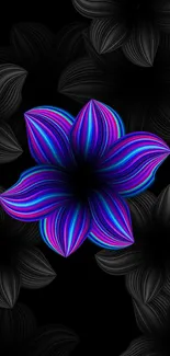 Neon flower on dark floral background wallpaper.