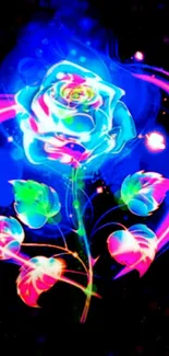 Vibrant neon flower design with glowing colors on a dark background.