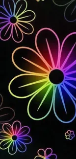 Neon flowers with vibrant colors on a black background for phone wallpaper.