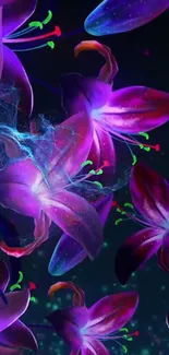 Colorful neon flowers with luminous petals on a dark background.